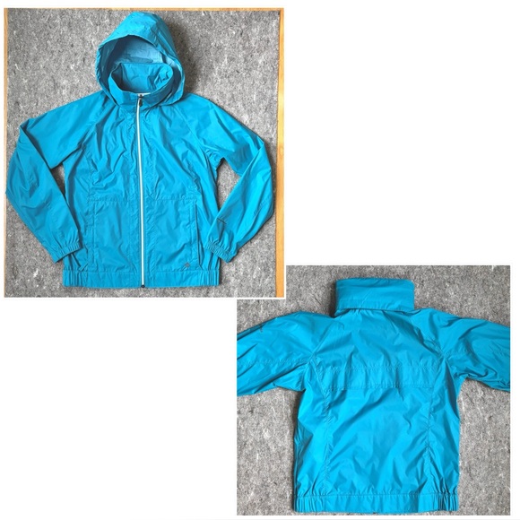 Columbia teal blue rain jacket wind breaker with hidden roll up hood - Picture 14 of 16